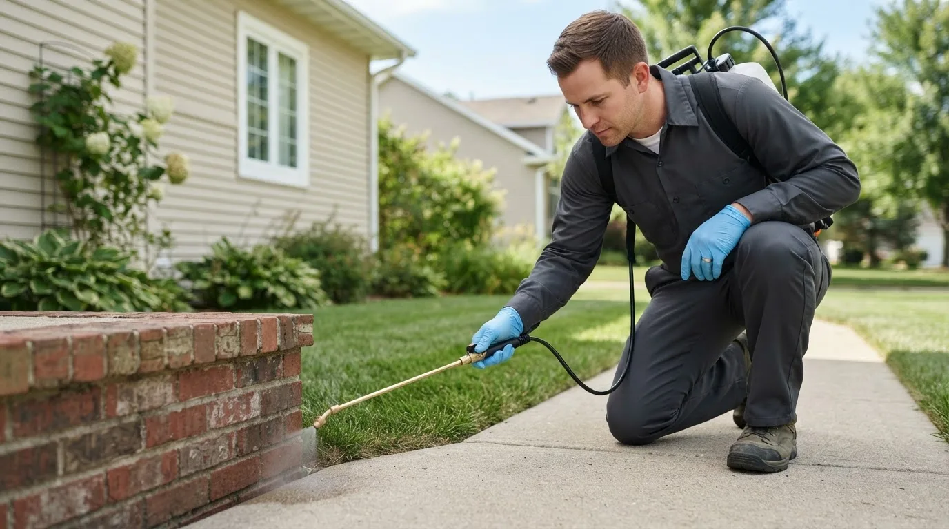 Pest control technician treating a home near Lynd, MN